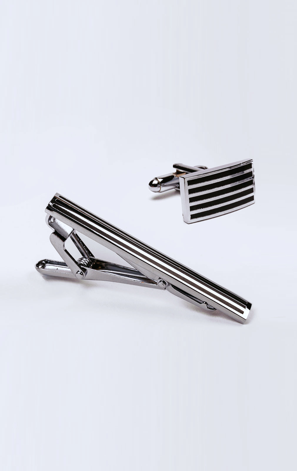Dobell Silver and Black Coloured Rectangle Cufflinks and Tie Clip from Dobell