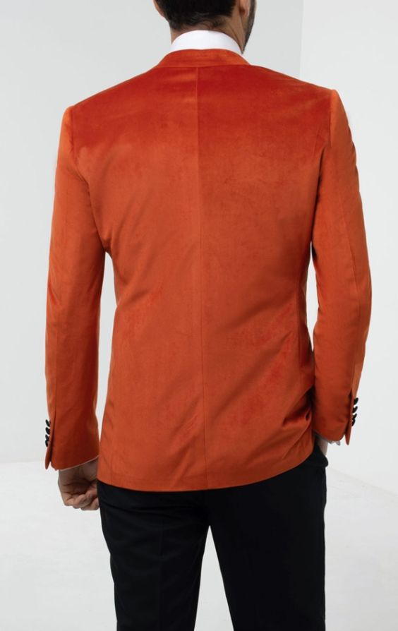 Dobell Orange Slim Fit Velvet Jacket with Peak Lapel Dobell