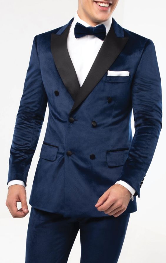 Dobell Navy Velvet Double Breasted Tuxedo Jacket with Contrast Peak ...