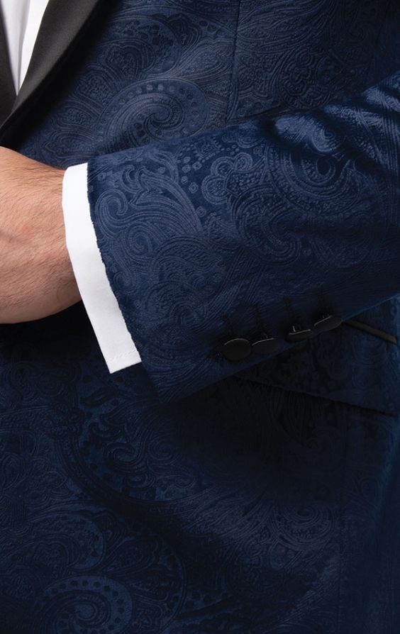 Dobell Navy Paisley Velvet Tuxedo with Black Trousers