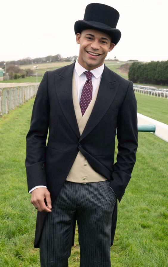 Dobell 100% Wool Black Herringbone Morning Suit with Striped Trousers |  Dobell