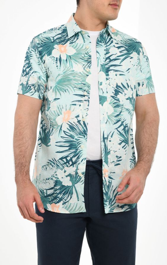 Dobell Green Floral Print Linen Short Sleeve Shirt