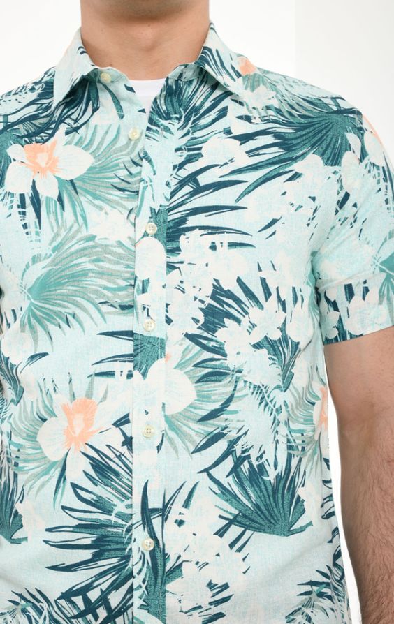 Dobell Green Floral Print Linen Short Sleeve Shirt | Dobell