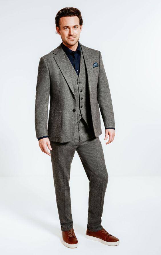 Dobell Grey Twill Tweed 3 Piece Suit with Patch Pockets | Dobell