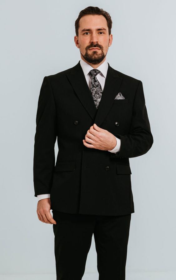Dobell Black Double Breasted Suit with Peak Lapel | Dobell