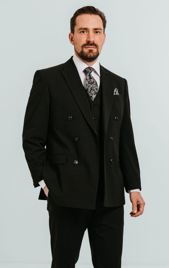 Dobell Black Double Breasted 3 Piece Suit with Peak Lapel | Dobell