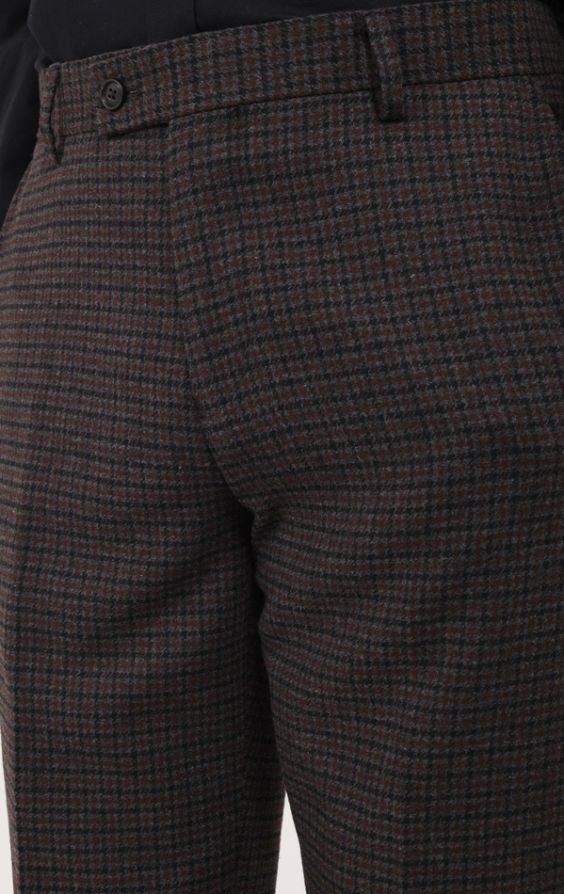 Dobell Burgundy & Grey Gingham Check Tweed Trousers | Dobell