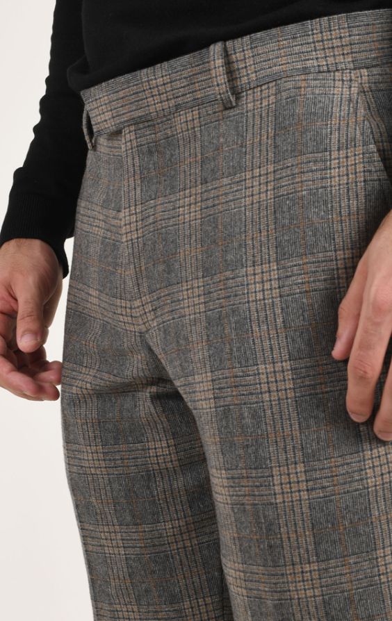 Dobell Grey with Brown Overcheck Wool Blend Suit Trousers | Dobell