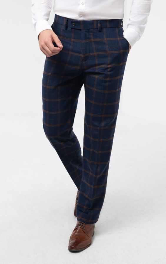 Dobell Navy with Rust Check Tweed Trousers | Dobell