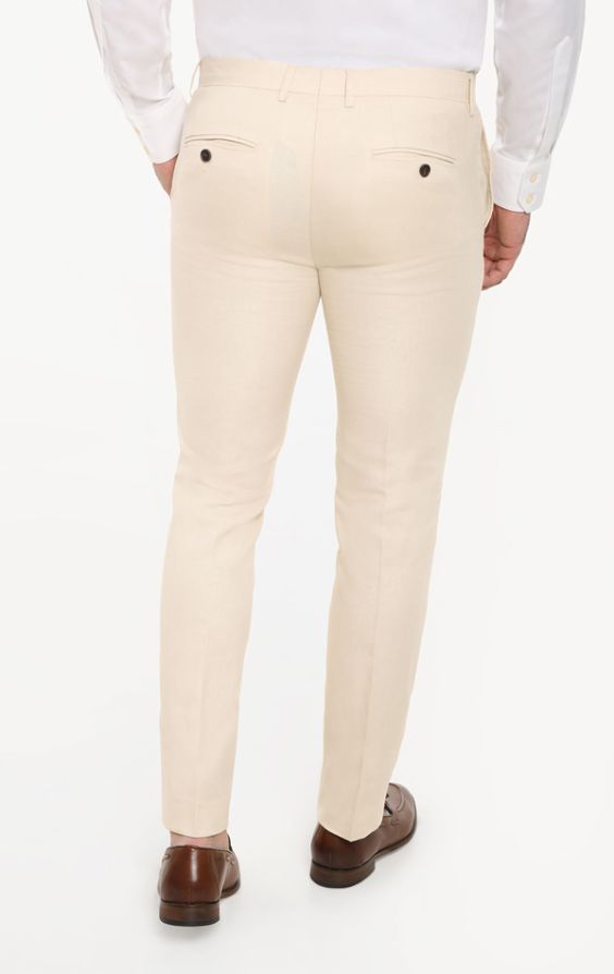 Dobell Cream Linen Slim Fit Trousers