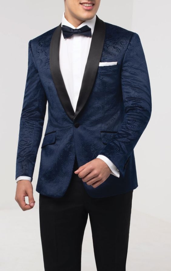 Dobell Navy Paisley Velvet Tuxedo with Black Trousers | Dobell