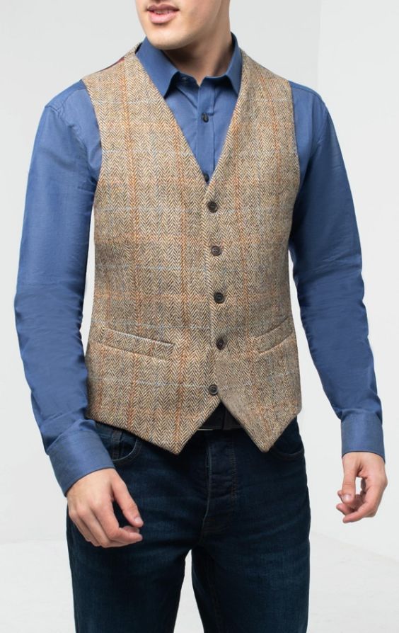 Harris Tweed Brown Windowpane Tweed Waistcoat | Dobell