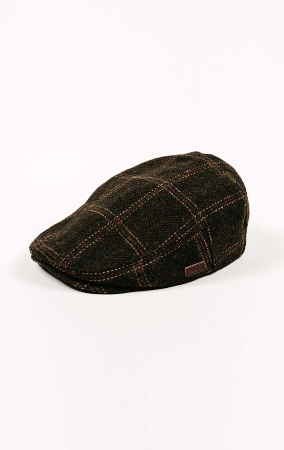 Olive Green Twill Check Flat Cap