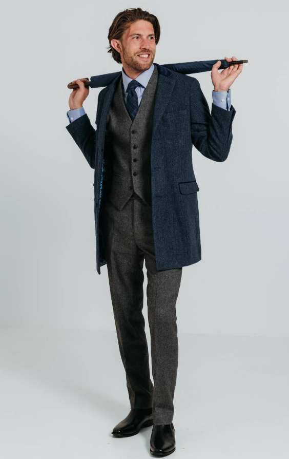 Navy Herringbone Overcoat with Velvet Trim - photo 1 Navy Herringbone Overcoat with Velvet Trim - photo 1