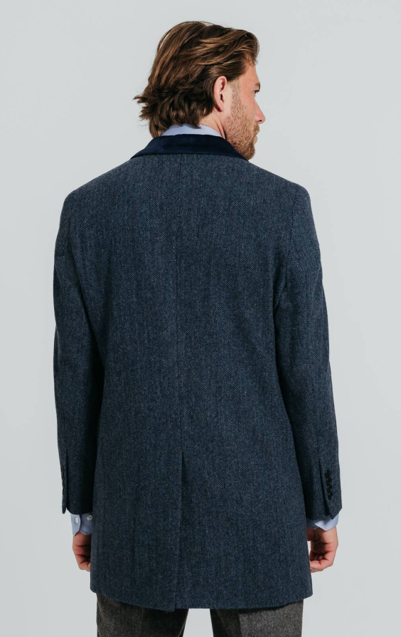 Navy Herringbone Overcoat with Velvet Trim | Dobell