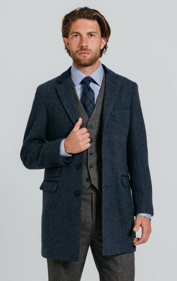 Navy Herringbone Overcoat with Velvet Trim | Dobell