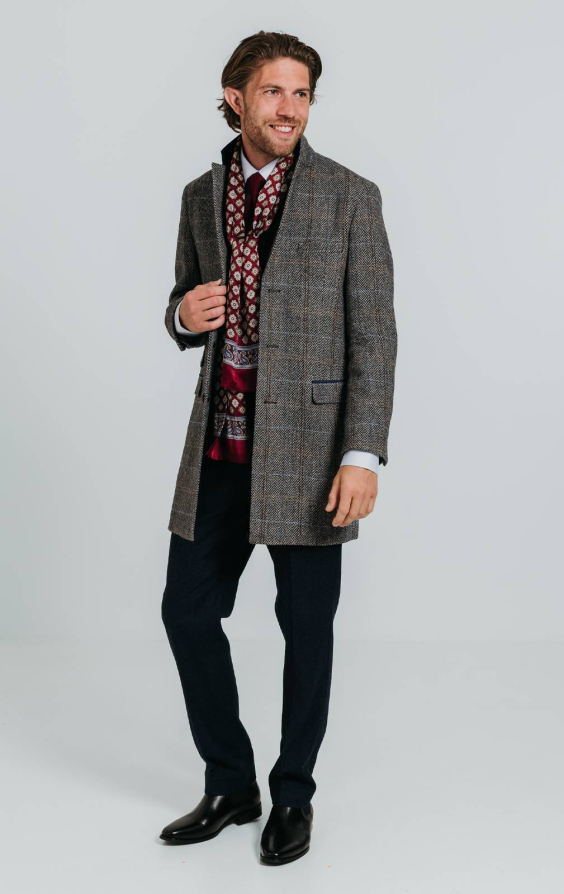 Grey and Blue Check Tweed Wool Blend Overcoat with Velvet Trim - photo 2 Grey and Blue Check Tweed Wool Blend Overcoat with Velvet Trim - photo 2
