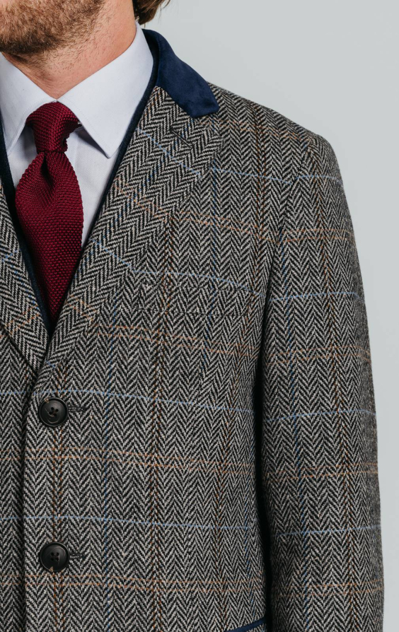 Grey and Blue Check Tweed Wool Blend Overcoat with Velvet Trim - photo 5 Grey and Blue Check Tweed Wool Blend Overcoat with Velvet Trim - photo 5