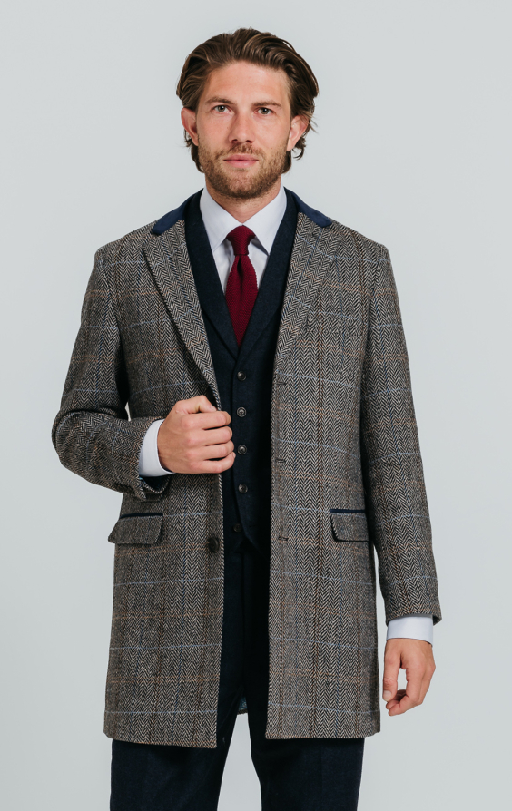 Grey and Blue Check Tweed Wool Blend Overcoat with Velvet Trim Grey and Blue Check Tweed Wool Blend Overcoat with Velvet Trim