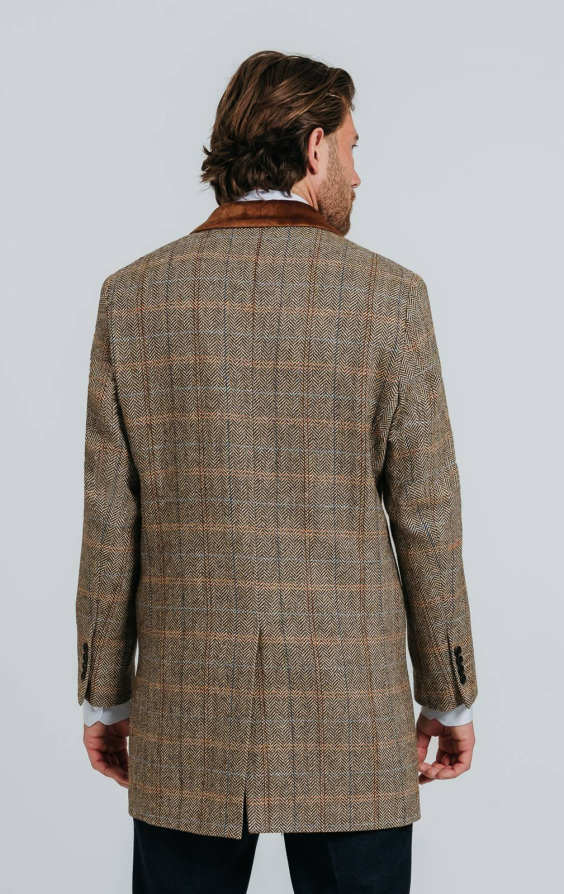 Brown and Blue Check Tweed Wool Blend Overcoat with Velvet Trim - photo 3 Brown and Blue Check Tweed Wool Blend Overcoat with Velvet Trim - photo 3