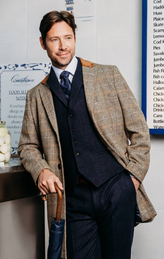 Brown and Blue Check Tweed Wool Blend Overcoat with Velvet Trim Brown and Blue Check Tweed Wool Blend Overcoat with Velvet Trim