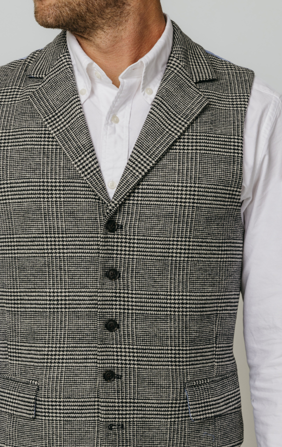 Black and Cream Prince of Wales Check Tweed Waistcoat - photo 1