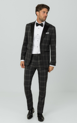 Grey Tartan Check Dinner Jacket with Peak Lapel
