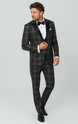 Grey Tartan Check 3 Piece Tuxedo with Peak Lapel