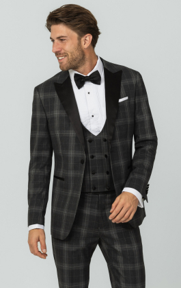 Grey Tartan Check 3 Piece Tuxedo with Peak Lapel