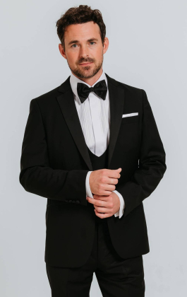 Black 100% Wool 3 Piece Tuxedo with Notch Lapel