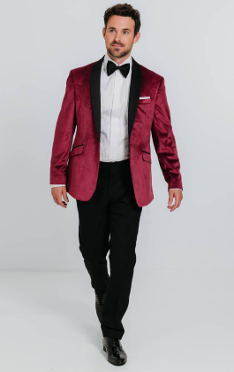 Burgundy Velvet Tuxedo with Black Trousers
