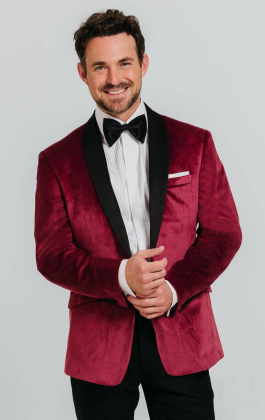 Burgundy Velvet Tuxedo with Black Trousers