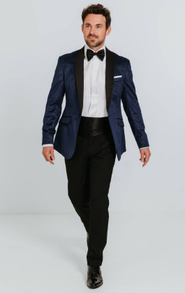 Navy Paisley Velvet Tuxedo with Black Trousers