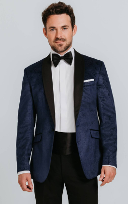 Navy Paisley Velvet Tuxedo with Black Trousers