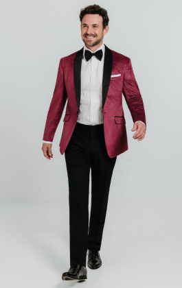 Burgundy Paisley Velvet Tuxedo with Black Trousers