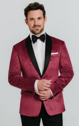 Burgundy Paisley Velvet Tuxedo with Black Trousers