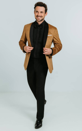 Gold Paisley Velvet Tuxedo with Black Trousers