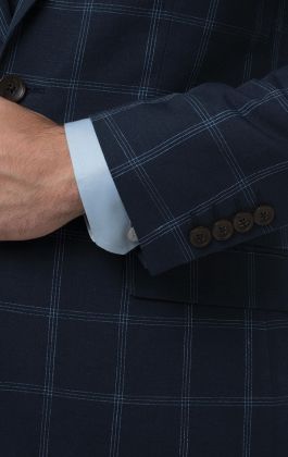 Dobell Navy Blue Windowpane Linen Suit Jacket | Dobell