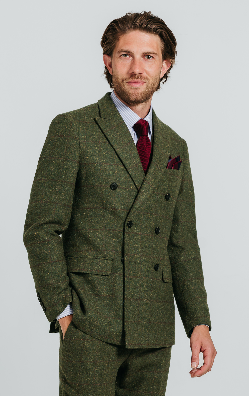 Double Breasted Green Windowpane Check Tweed Jacket at Dobell