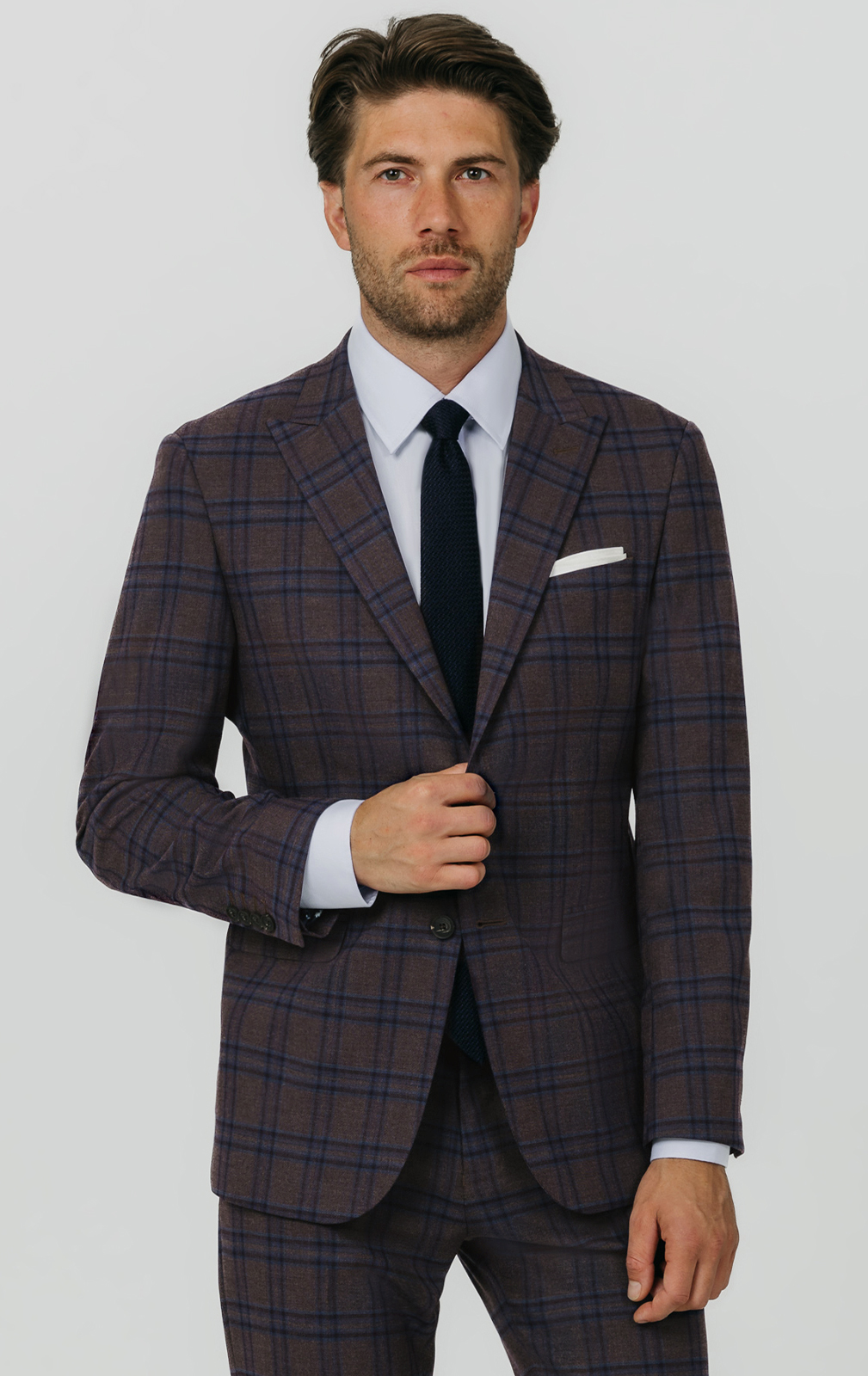 Burgundy with Blue Windowpane Check Suit Jacket at Dobell