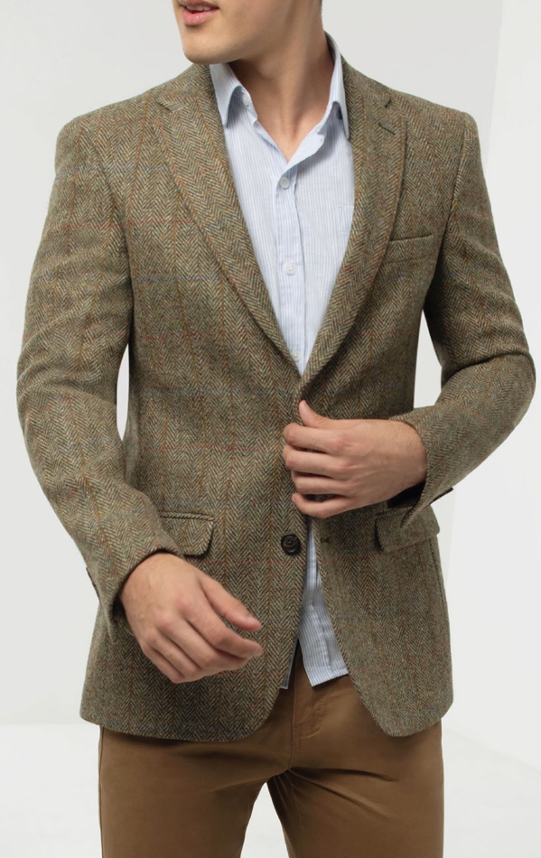 Harris Tweed Mens Green Windowpane Regular Fit 100% Wool Notch Lapel Tweed Jacket 38 Regular