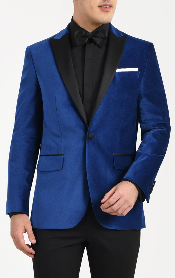Dobell Blue Velvet Jacket with Contrast Peak Lapel Dobell