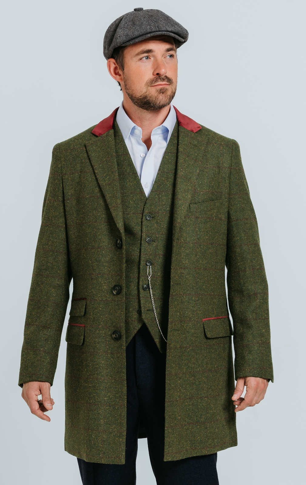 Green Windowpane Check Tweed Overcoat with Velvet Trims | Dobell