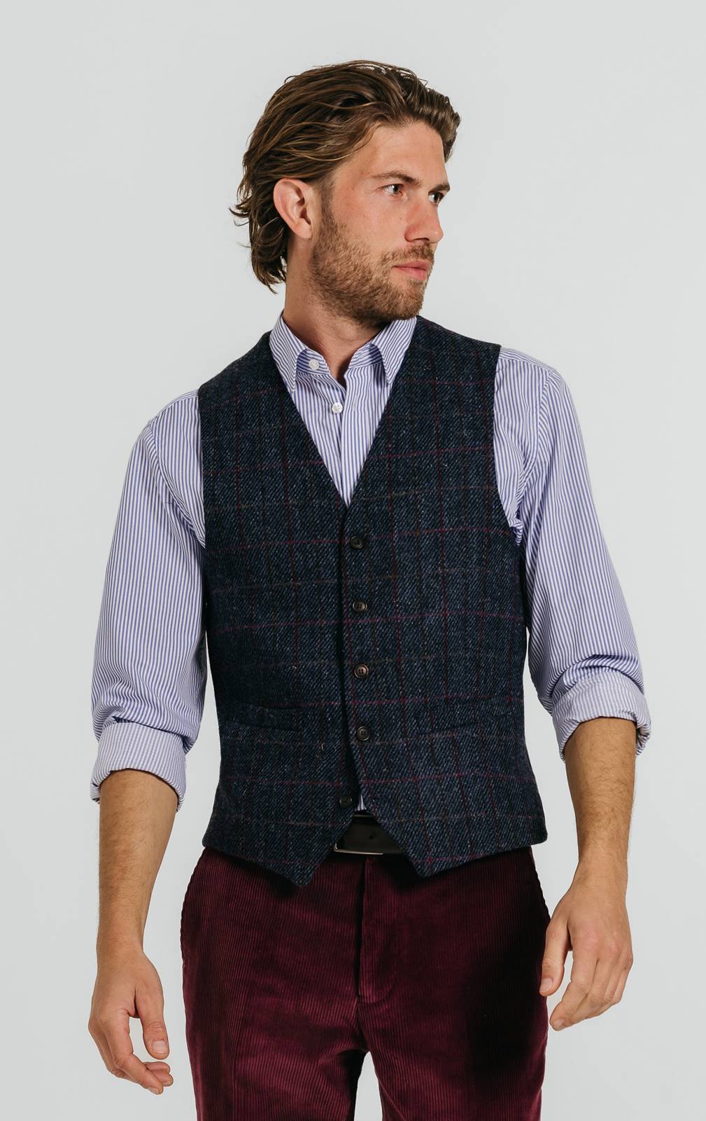 Harris Tweed Dark Blue Windowpane Check Waistcoat | Dobell
