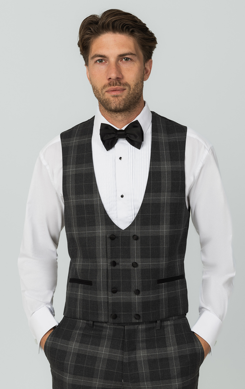 Grey Tartan Check Double Breasted Horseshoe Waistcoat