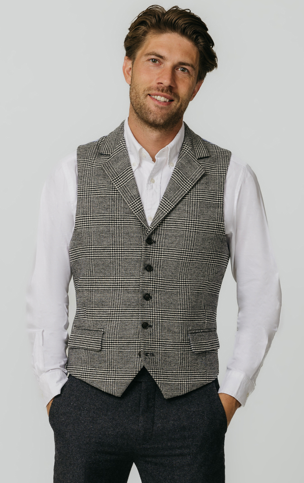 Black and Cream Prince of Wales Check Tweed Waistcoat
