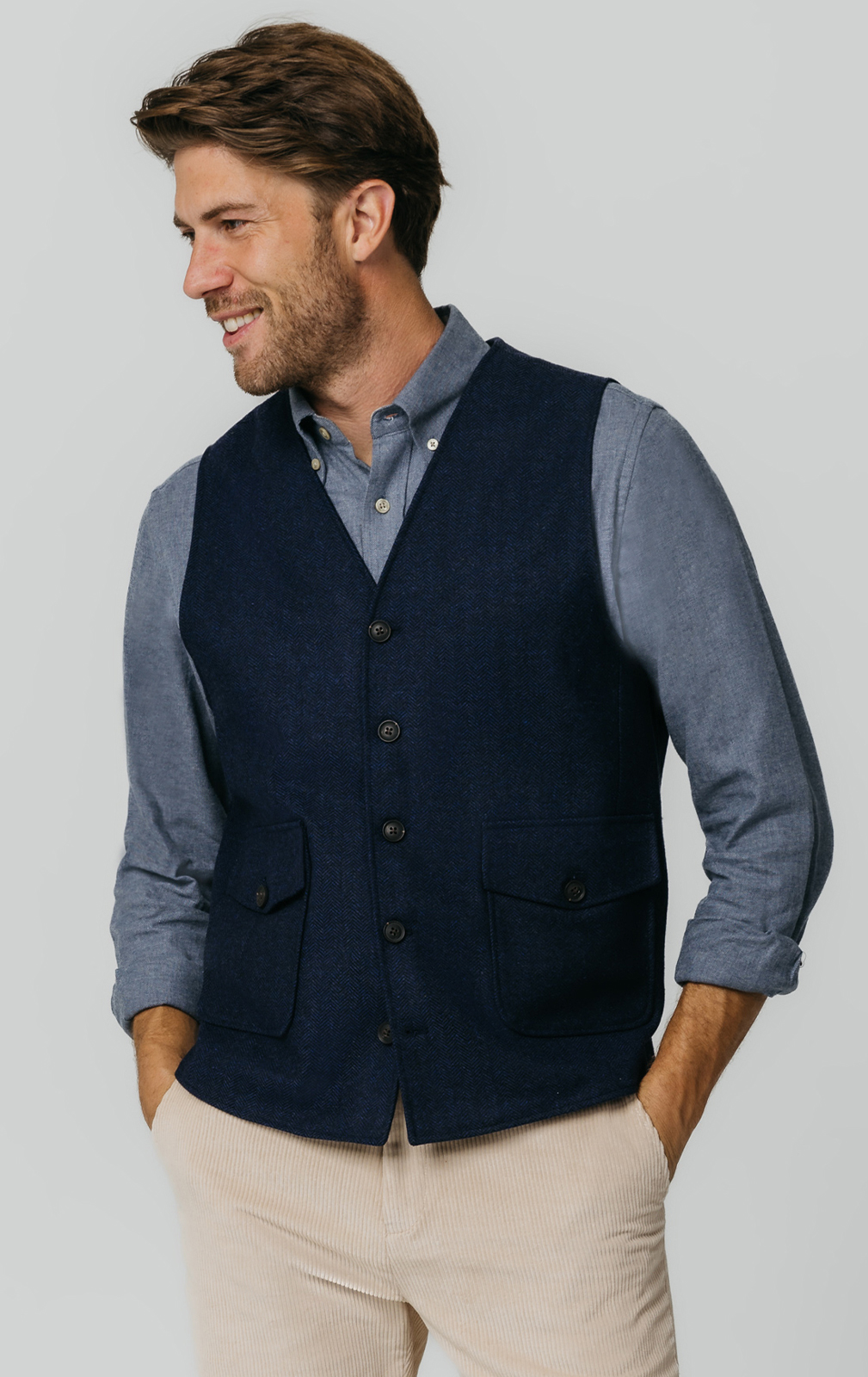 Navy Herringbone Tweed Waistcoat with Patch Pockets