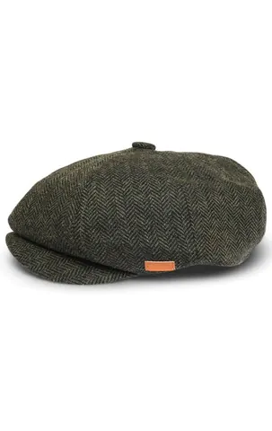 Olive green herringbone tweed baker boy cap with a curved peak.