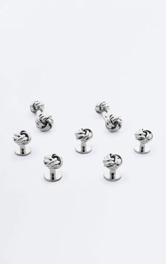 Silver Coloured Knot Stud and Cufflink Set