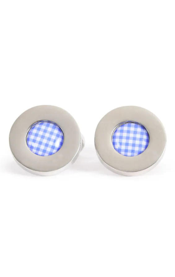 Blue Gingham Pattern Rhodium Plated Cufflinks - photo 2